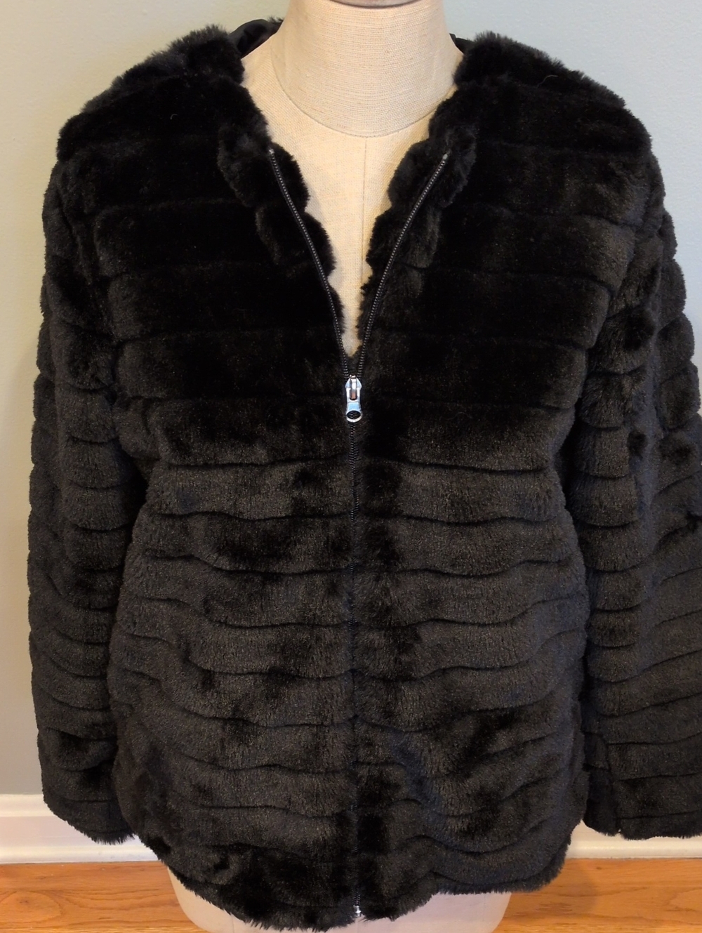 Katydid Black Plush Faux Fur Teddy Jacket with Zip Front